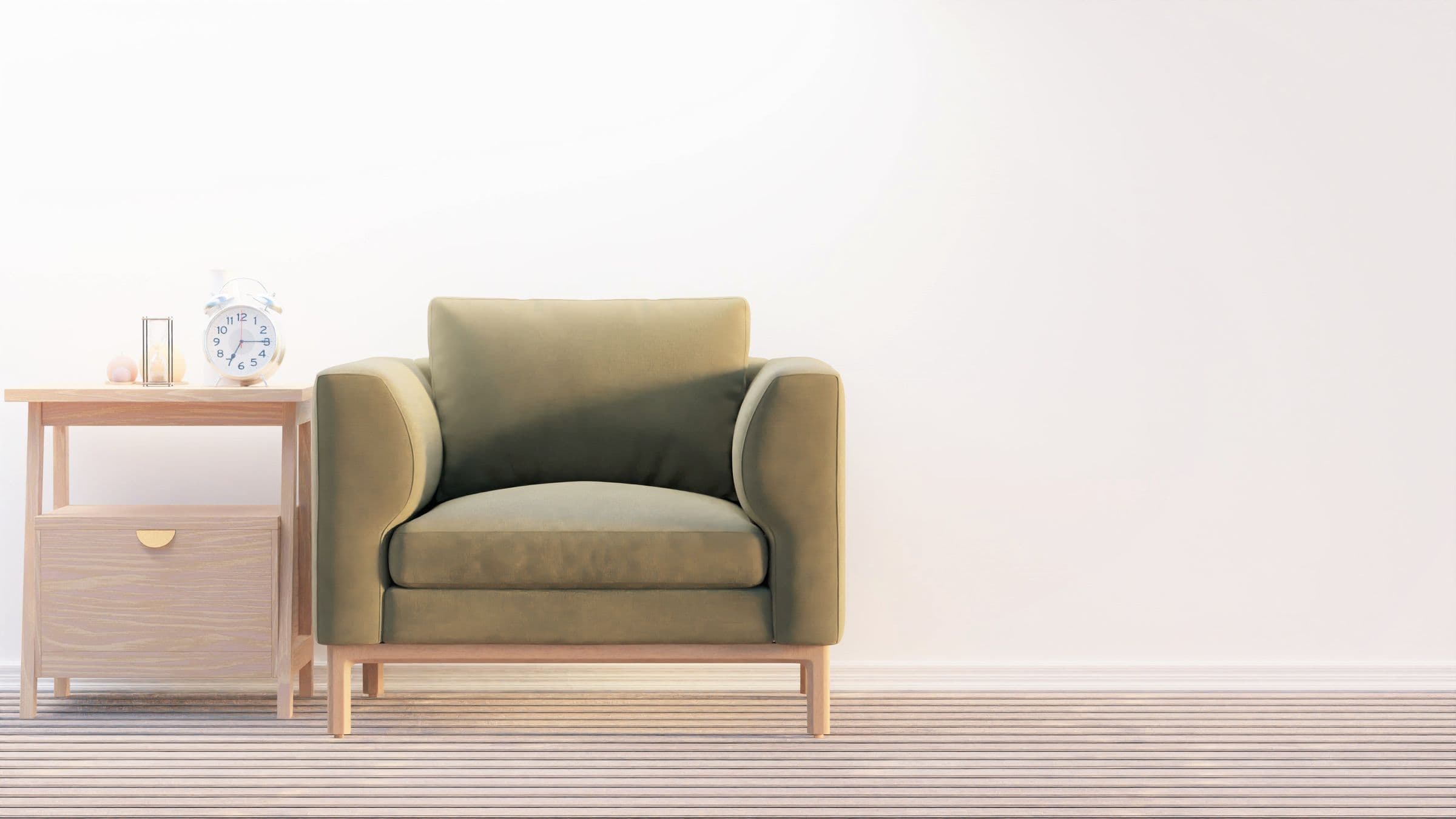 Stoffen fauteuil in een lichte, minimalistische kamer